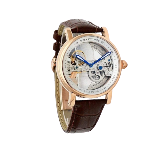 Patek Philippe Automatic Rose Gold Transparent Dial Leather Strap
