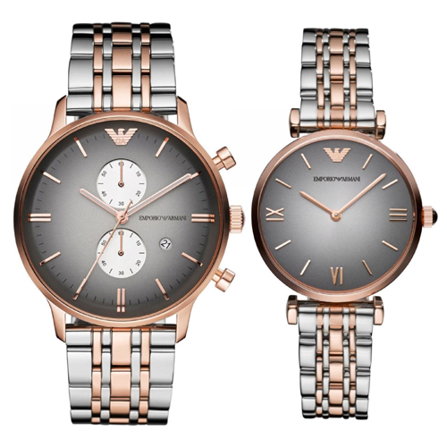 Emporio Armani Grey Dial Two Tone Band Stainless Steel Couple Watch